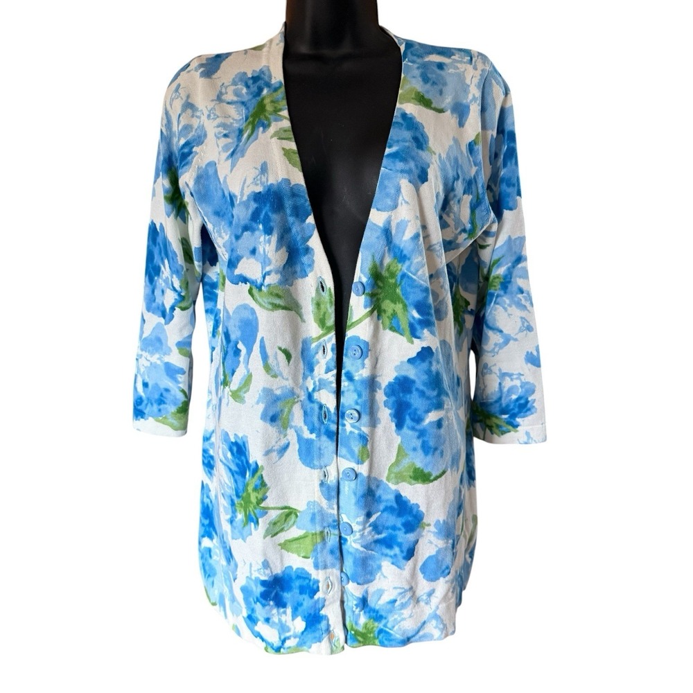 Isaac Mizrahi Live Womens Cardigan Sweater Small Blue Floral Cotton Knit Buttons